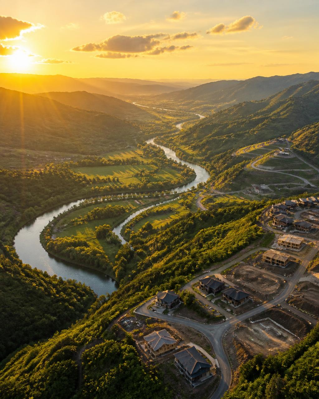 Aerial view of a green valley with a winding river and emerging hillside development at golden hour